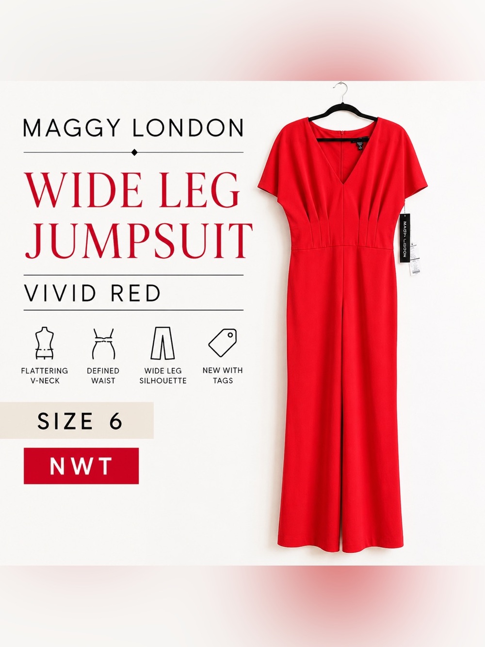 Maggy London Vivid Red Wide Leg Jumpsuit NWT Size 6